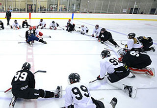 Image of Gretzky Hockey School attendees warming up.
